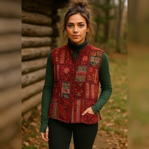 Coldwater Creek XL Patchwork Embroidered Vest Women Burgundy Boho Asian Inspired
